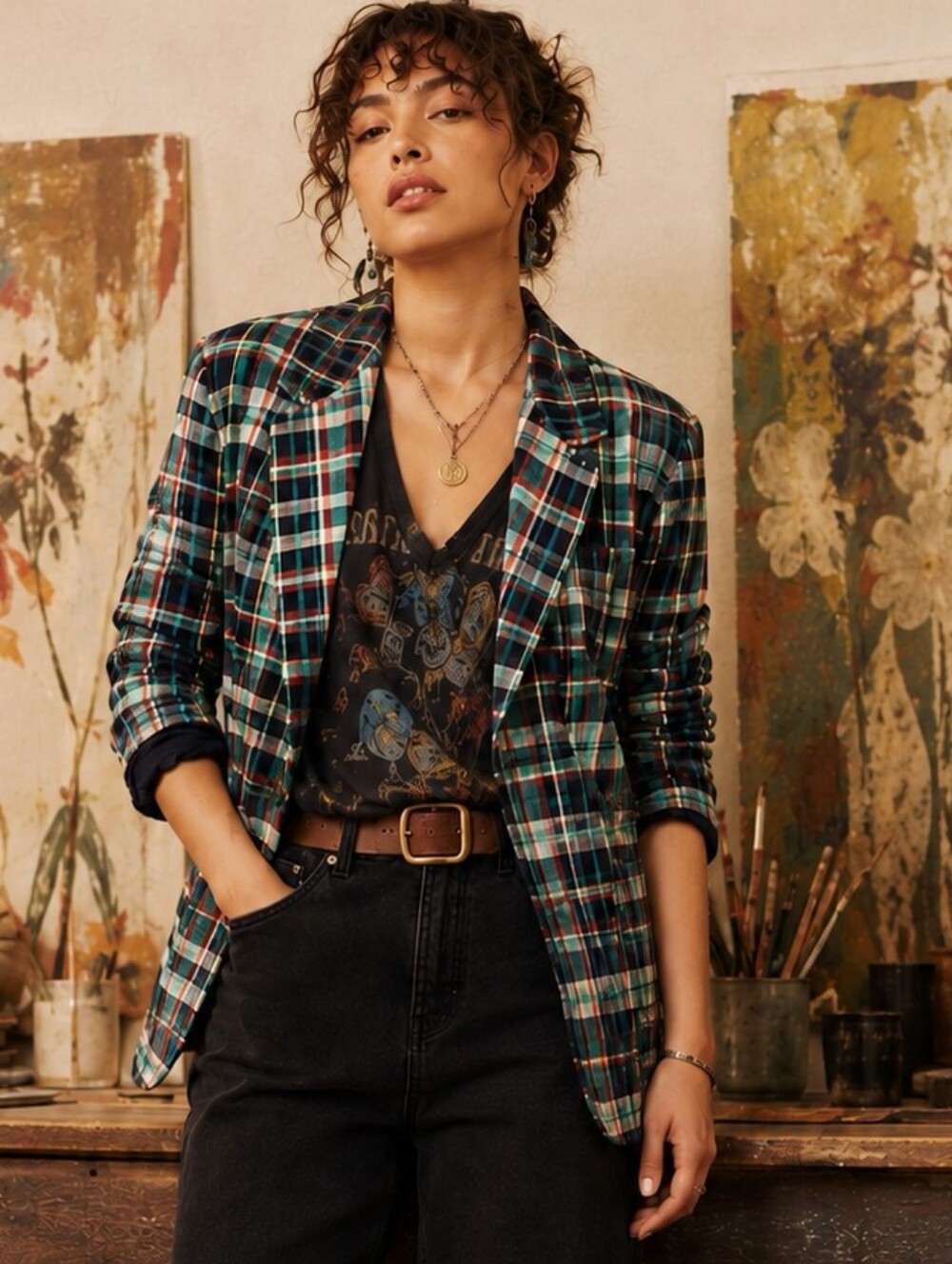 VINTAGE 90s LIZ SPORT ALL COTTON RETRO PLAID BLAZER JACKET MEDIUM PETITE